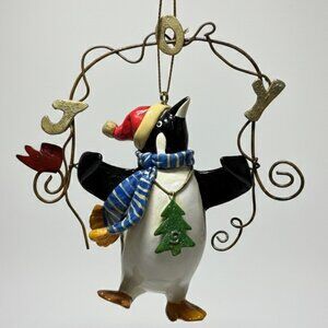 Vintage Penguin Glass Christmas Ornament Joy Wreath